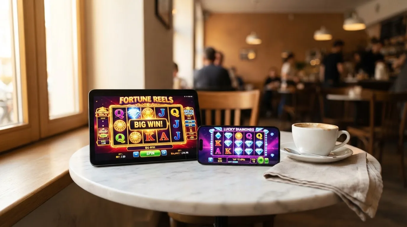 Tablet a chytrý telefon leží vedle sebe na stole v kavárně.